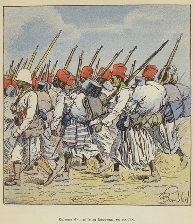 Coluna de Hausa Tirailleurs em movimento de after Louis Charles Bombled