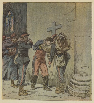Na igreja de Villiers, os prisioneiros franceses que morrem de sede partilham o conteúdo de um de after Louis Charles Bombled