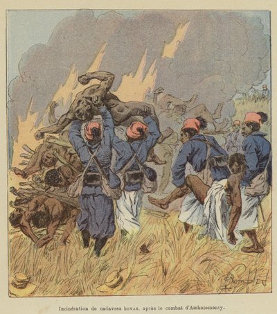 Incineração de cadáveres hovas, após a luta de Ambolomonty de after Louis Charles Bombled