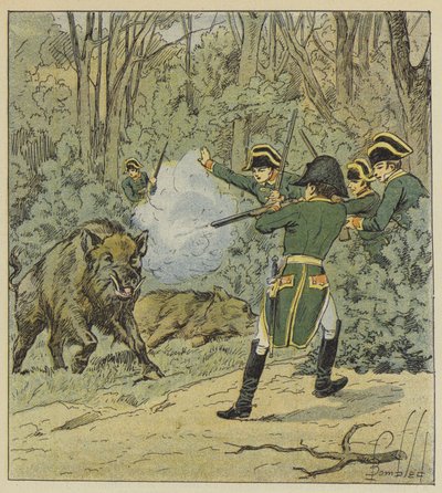 O caçador caçando javalis na floresta de Marly de after Louis Charles Bombled