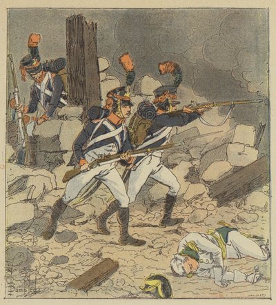 O imperador enviou os atiradores de sua guarda para Aspern de after Louis Charles Bombled