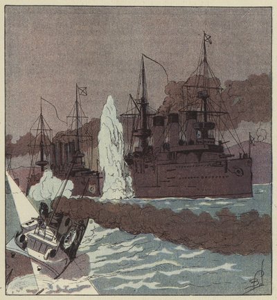 A frota russa é torpedeada pelos japoneses de after Louis Charles Bombled
