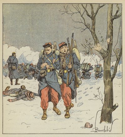 Delorme, o portador, dói, recua sob as balas de after Louis Charles Bombled