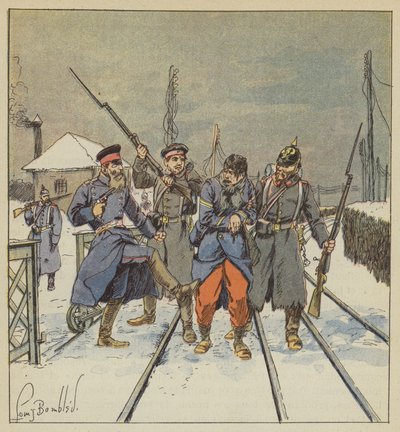 Fourrier Papot, ferido e levado prisioneiro, é vergonhosamente espancado por um oficial prussiano de after Louis Charles Bombled