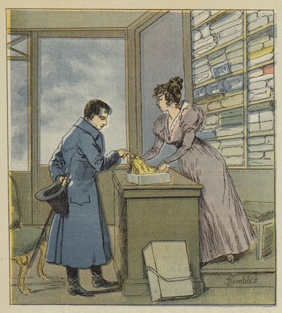 Napoleão disfarça-se numa loja na rua Saint-Denis de after Louis Charles Bombled