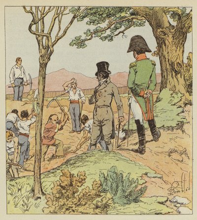 Napoleão examina as fortificações que o governador cria em torno de Longwood de after Louis Charles Bombled