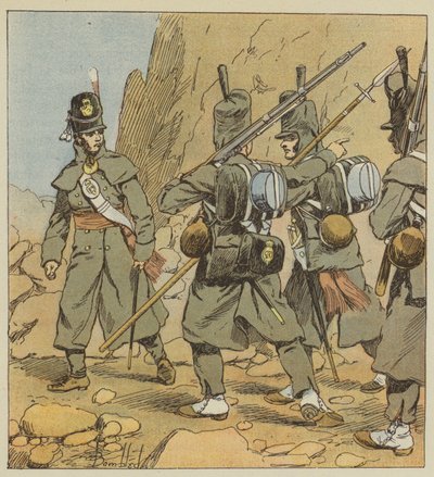 Soldados ingleses do 1o regimento da guarda, em propriedade de estrada, Espanha, 1814 de after Louis Charles Bombled