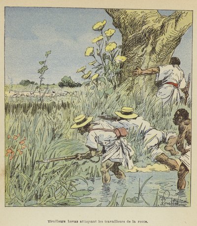 Escaramuças Hovas atacando trabalhadores da estrada de after Louis Charles Bombled