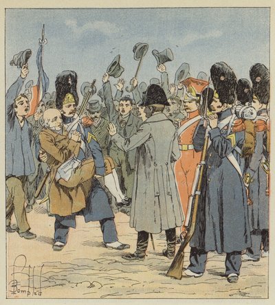 Um granadeiro da ilha de Elba traz seu pai para Napoleão carregando-o nos braços de after Louis Charles Bombled