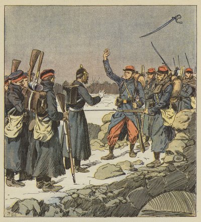 Um oficial alemão entrega sua espada a um cabo francês que a joga ao vento de after Louis Charles Bombled