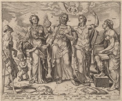 Homem assistido pela fé, esperança e caridade de after Maerten van Heemskerck