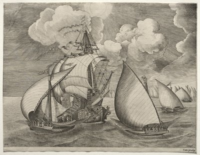 Navios à vela: uma frota de galés escoltados por uma caravela de after Pieter Bruegel