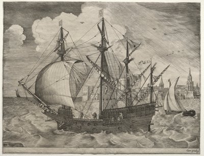 Navios à vela: quatro mestres armados saindo para o mar de after Pieter Bruegel