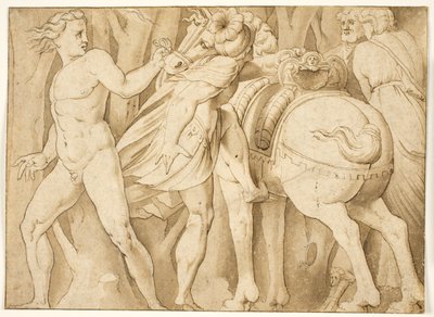 Cena da história romana? Um homem montando um cavalo segurado por um homem nu de after Polidoro da Caravaggio