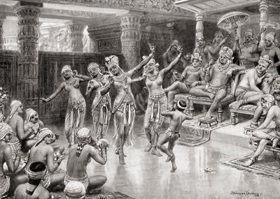 Uma impressão de artistas do século XIX de Gautamiputra Satakarani celebrando sua vitória sobre Nahapana, da Hutchinsons History of the Nations, pub.1915 de after Robert Dudley