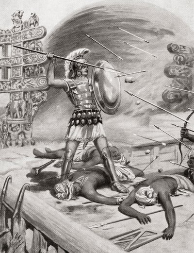Alexandre, o Grande, lutando contra os Assacani na cidade fortificada de Massaga, Índia, durante sua Campanha Indiana em 326 aC, de Hutchinsons História das Nações, pub.1915 de after Robert Dudley
