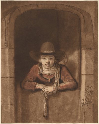 Menino inclinado sobre uma porta inferior de after Samuel van Hoogstraten Cornelis Ploos