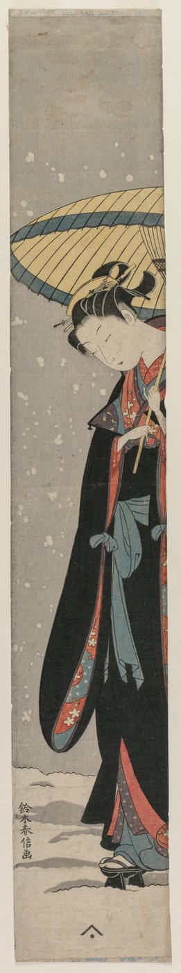 Jovem caminhando na neve com guarda-chuva de after Suzuki Harunobu