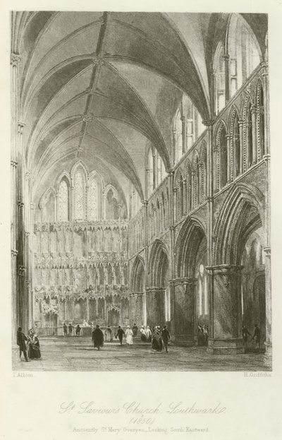 St Saviours Church, Southwark, 1850, antigamente St Mary Overyes, olhando para o sudeste de after Thomas Allom
