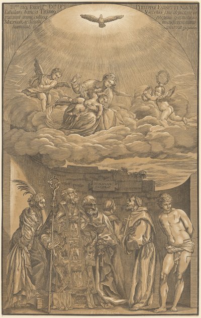 A Virgem e o Menino nas Nuvens com Seis Santos de after Titian John Baptist Jackson