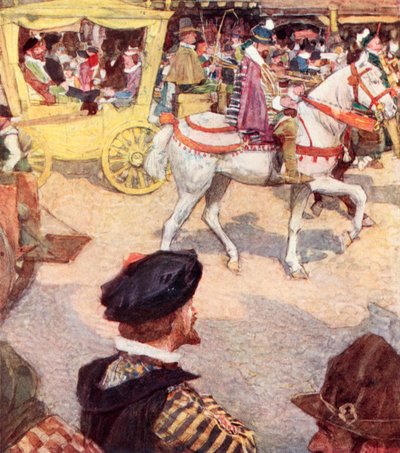 Shakespeare admirando os belos cavalos em Cheapside, Londres de after William Hatherell