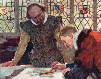 Shakespeare na Faculdade de Arautos em Pauls Wharf Hill para discutir o brasão de seu pai de after William Hatherell