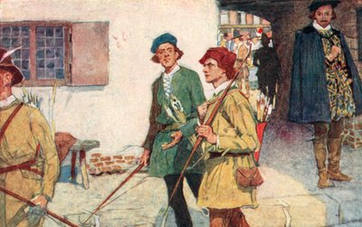 Shakespeare vê uma festa de aprendizes com seus arcos e flechas indo para o arco e flecha em Moorfields, Londres de after William Hatherell