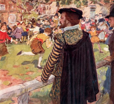 Shakespeare assistindo meninos e meninas jogando Prisioneiros Base perto de Temple Bar, Londres de after William Hatherell