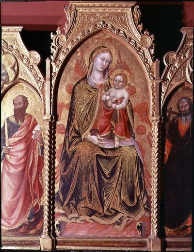 Altarpiece de Gerard Cossassi degli Assi, detalhe do painel central representando A Madonna e a Criança Enthroned (óleo no painel) de also Manfredi de Battilori Bartolo di Fredi