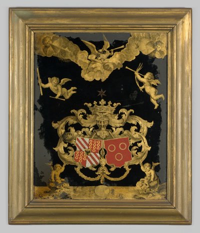 Neerlandês: Pintura do vidro traseiro com os brasões das famílias Van Spaen e Van Riebeeck de anonymous 
