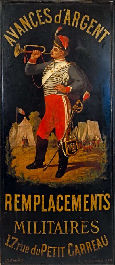 Francês: Au hussard. Placa do gabinete de substituição militar. 17 rue des Petits- Carreaux, 11º arrondissement, Paris de anonymous 