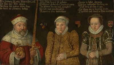 Alemão: Retrato do Eleitor Frederico III do Palatinado (1515-1576) com as suas esposas Maria von Brandenburg-Kulmbach e Amalia von Neuenar de anonymous 