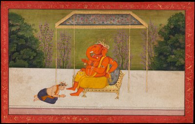 "Indra adora o Deus Ganesha com cabeça de elefante, sentado num trono". Fólio da série Tehri Garhwal do Gita Govinda de anonymous 