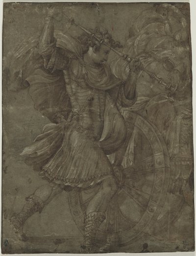 Homem de armadura ao lado de uma carruagem de assistant of Francesco Salviati