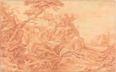 Uma paisagem rochosa com uma torre de pedra e uma cachoeira de attributed to Adriaen Frans Boudewyns