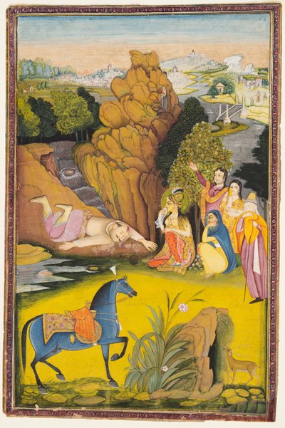 Farhad suicida-se depois de ouvir as falsas notícias da morte de Shirin de attributed to Amar Das Bhatti