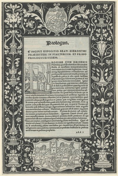 Uma borda de linha branca com dois cartuchos: "Um sátiro sacrificando um carneiro" e "A escolha de Hércules" de attributed to Benedetto Bordon