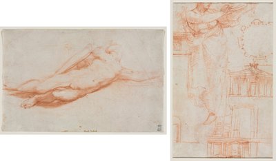 Estudo de um Soldado Caído (possivelmente a Conversão de Saulo) (reto); Uma figura feminina drapeada (possivelmente uma amazona) e estudos arquitetônicos (verso) de attributed to Correggio