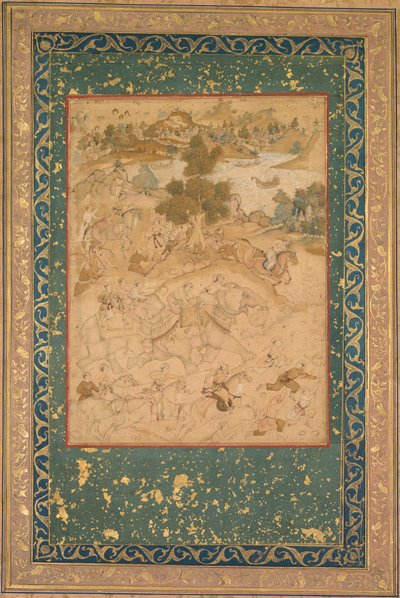Akbar supervisionando a captura de elefantes selvagens em Malwa em 1564, pintando 90 de um Akbar-nama (Livro de Akbar) de Abu