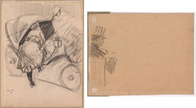Mulher Entrando em um Fiacre (reto); Perfil direito do homem usando chapéu alto (verso) de attributed to Jean Louis Forain