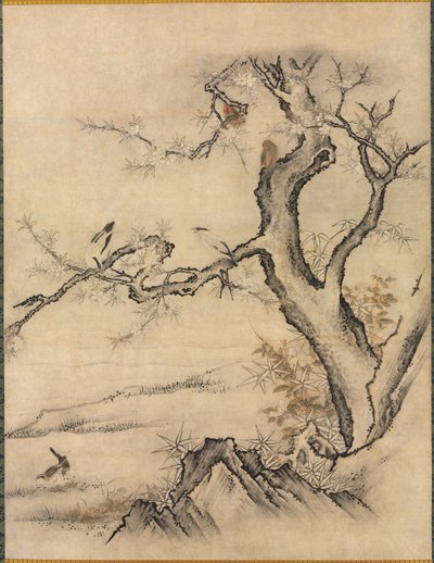 Flores e pássaros em uma paisagem de primavera de attributed to Kano Motonobu