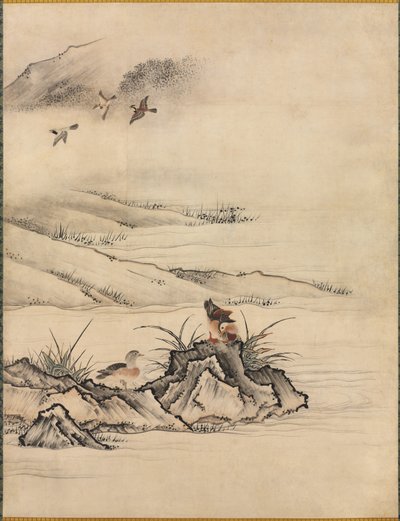 Flores e pássaros em uma paisagem de primavera de attributed to Kano Motonobu