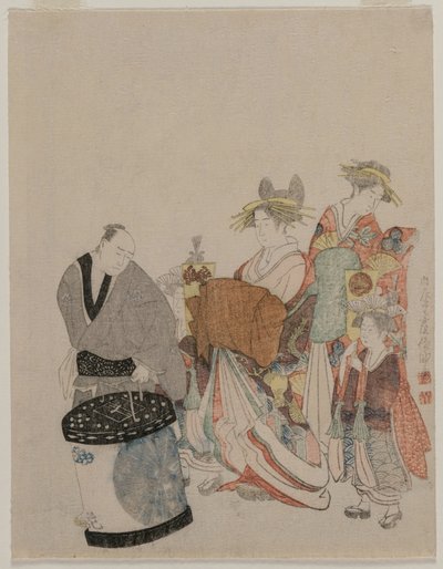 Cortesã na cidade com atendentes à noite de attributed to Kubo Shunman