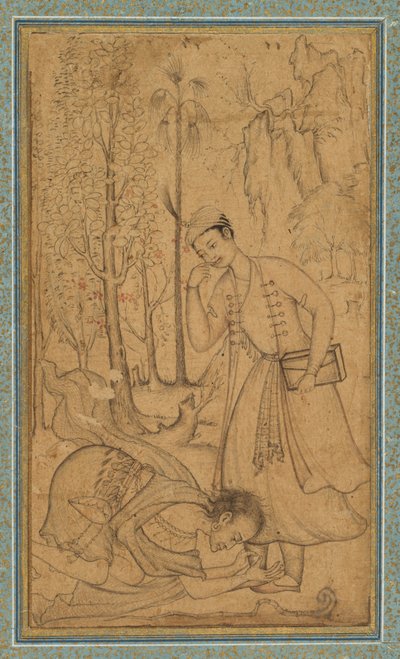 Um homem santo prostrando-se diante de um príncipe instruído de attributed to Manohar