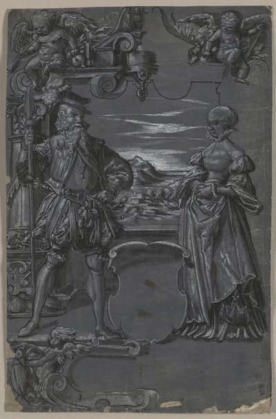 Design para Pintura em Vidro: Homem e Mulher em Ambiente Arquitetônico de attributed to Tobias Stimmer
