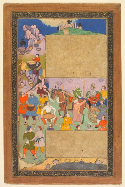 Um cocheiro andando por uma paisagem rochosa com uma comitiva de lacaios e músicos, página de um Razm-nama (Livro das Guerras) adaptado do sânscrito Mahabharata e traduzido para o persa por Mir Ghiyath al-Din Ali Qazvini, conhecido como Naqib Khan (persa). de attributed to Yusuf Ali