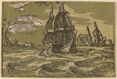 Dois navios de três mestres fora de um litoral de attributed to workshop of Willem Jansz. Blaeu