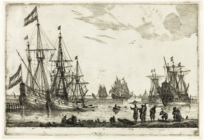 Quatro navios à vela num quebra-mar, de Treze cenas navais de called Zeeman Reinier Nooms
