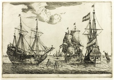 Três navios à vela atracados, de Treze cenas navais de called Zeeman Reinier Nooms