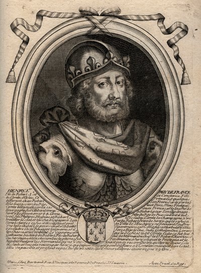 Dinastia dos Capetianos: Retrato de Henrique I (1009-1060), Rei dos Francos de 1031 a 1060 - Henrique I (1009-1060) Rei da França - gravura de "Les Augustes Representations de tous les Kings de France de Pharamond a LouisXIV", Paris de de Larmessin